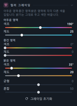 컬러 그레이딩 패널(어두운 영역 190° · 25, 밝은 영역 35° · 20)