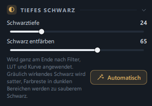 Der Bereich „Tiefes Schwarz“ im Tab „Anpassen“ (Schwarztiefe · Schwarz entfärben · eine Zeile Erklärung · Schaltfläche „Automatisch“)