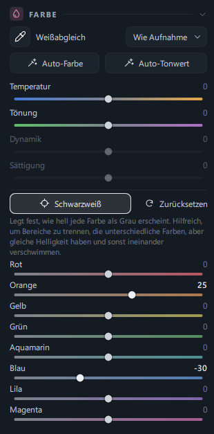 Der Bereich Farbe mit eingeschaltetem Schwarzweiß und den Reglern der Schwarzweiß-Mischung (Orange +25 · Blau −30)