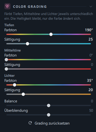 Der Bereich Color Grading (Tiefen 190° · 25, Lichter 35° · 20)