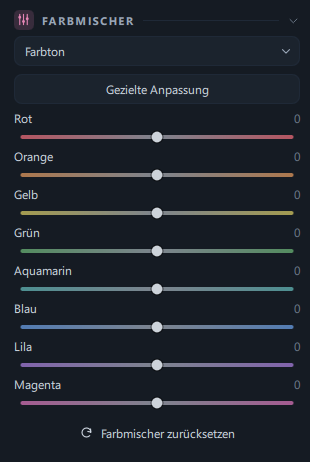 Der Bereich Farbmischer (Auswahlliste · Gezielte Anpassung · Regler für acht Farben)