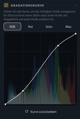 Der aufgeklappte Bereich Gradationskurve mit Hinweiszeile, Schaltflächen RGB/Rot/Grün/Blau, Kurvenfeld und „Kurve zurücksetzen“