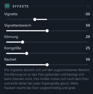 Der Bereich Effekte (Vignette · Vignettenbereich · Körnung · Hinweis)
