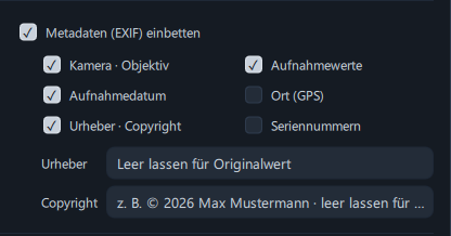 Der Bereich Metadaten mit eingeschaltetem Ort (GPS) und dem Warnhinweis