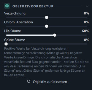Der Bereich Objektivkorrektur (Verzeichnung · Chrom