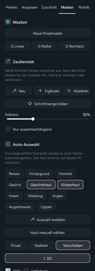 Der Tab Masken nach dem Erstellen einer Himmelsmaske mit der Auto-Auswahl (in der Liste „Auto: Himmel“, darunter die Regler)