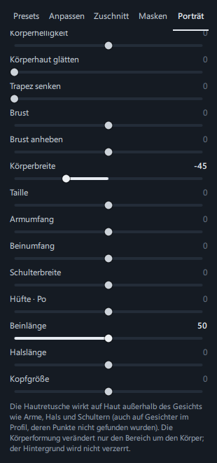 Der Bereich Körper (mit installiertem Zusatzmodell, sodass auch Brust anheben · Körperbreite sichtbar sind) und die Statusmeldung ganz unten