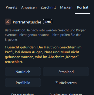 Oberer Teil des Bereichs direkt nach der Analyse mit der Ergebnismeldung („1 Gesicht gefunden.“) und den Schaltflächen der Schnellretusche