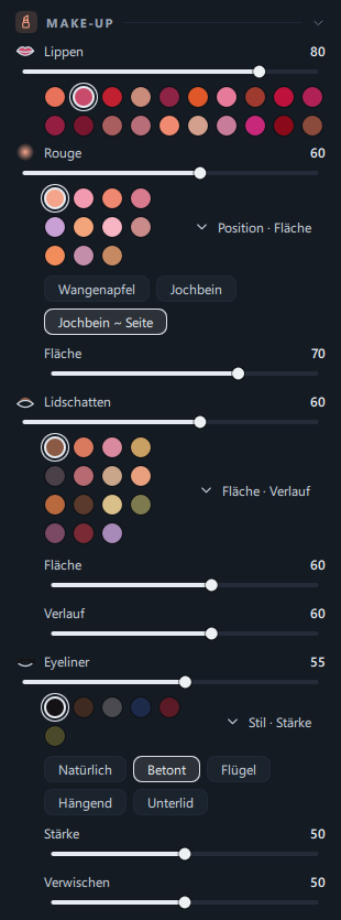 Der Bereich Make-up mit Lippen in Rosé und Rouge in Pfirsich sowie aufgeklappten Optionen für Rouge (Position · Fläche), Lidschatten (Fläche) und Eyeliner (Stil)