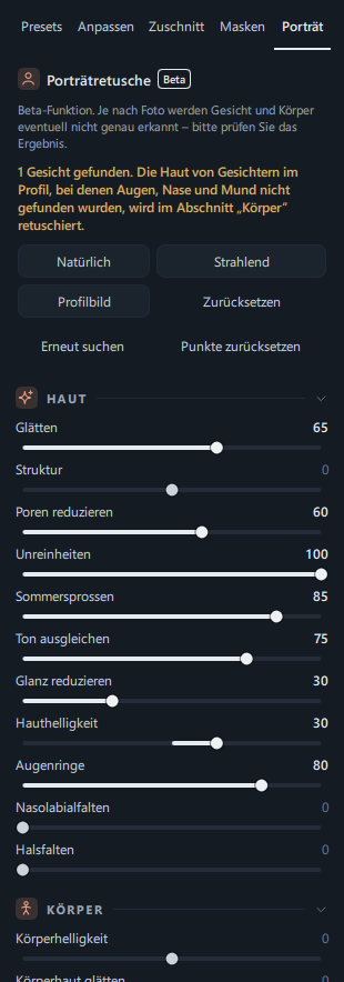 Der gesamte Tab Porträt, nachdem ein Gesicht erkannt und auf Natürlich geklickt wurde