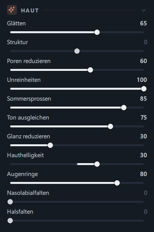 Die 11 Regler des Bereichs Haut nach einem Klick auf Natürlich