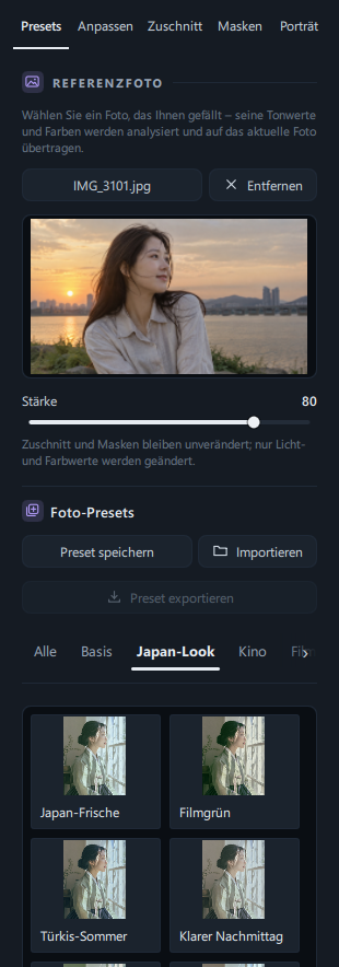 Der gesamte Tab Presets mit Miniatur des Referenzfotos und Stärke, Tab Japan-Look ausgewählt