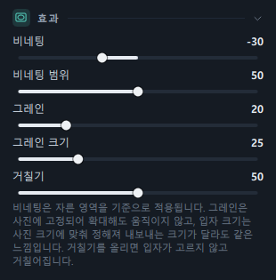 효과 패널(비네팅 · 비네팅 범위 · 그레인 · 그레인 크기 · 거칠기 · 설명)