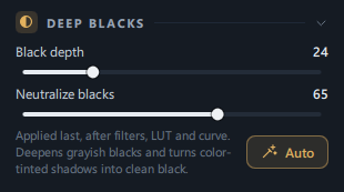 The Deep Blacks panel of the Edit tab (black depth · neutralize blacks · one-line description · Auto button)