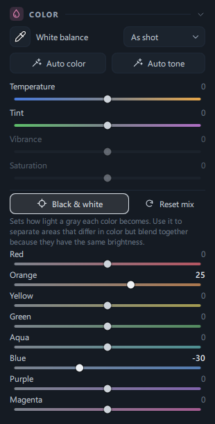 The Color panel with Black & white on and the B&W mix sliders (Orange +25 · Blue −30)