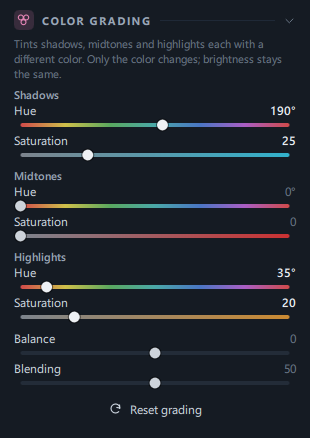 The Color Grading panel (Shadows 190° · 25, Highlights 35° · 20)