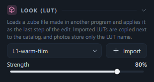 The Look (LUT) panel with an imported LUT name, the Import button and Strength at 80%