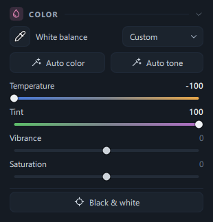 The Color panel on the Edit tab with the eyedropper, the white balance row, Auto color/Auto tone, four sliders and Black & white
