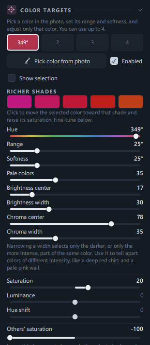 The Color Targets panel with slot 1 set to the coat color and Others' saturation at −100