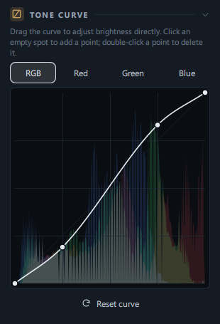 The expanded Tone Curve panel with the RGB/Red/Green/Blue buttons, the curve box and Reset curve