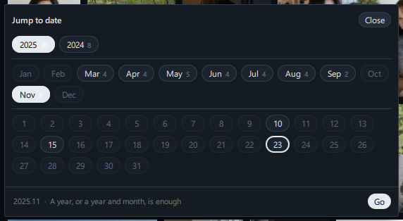 The Jump to date window (year · month · day buttons, the selected date and the Go button on the bottom line)