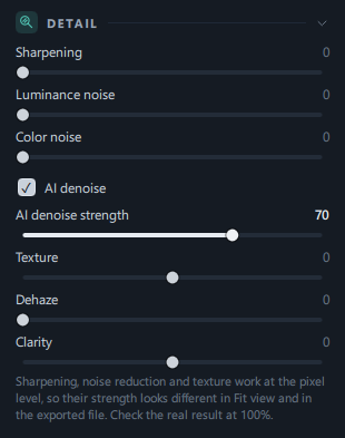 The whole Detail panel with Sharpening, the two noise sliders, the AI denoise checkbox and strength, Texture, Dehaze, Clarity and the note at the bottom