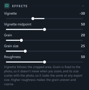 The Effects panel with Vignette, Vignette midpoint, Grain and the description