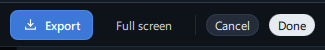 The right side of the editor's top bar (Auto · Reset all · Export · Full screen · Cancel · Done)