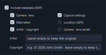 The metadata section with Location (GPS) turned on, showing the warning
