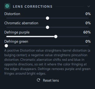 The Lens Corrections panel with Distortion, Chromatic aberration, Defringe purple, Defringe green, the description and Reset lens