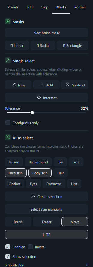 The Masks tab after creating a sky mask with Auto select, with the mask in the list and its adjustment sliders below