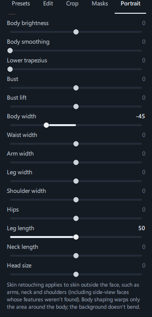 The Body panel with Bust lift · Body width visible after installing the extra model, and the status message at the bottom