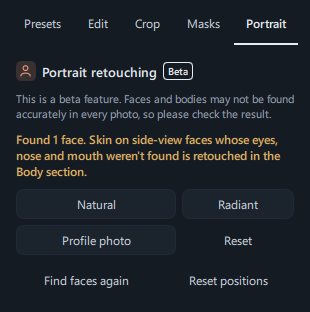 The top of the panel right after analysis, with the result message and the quick retouch buttons