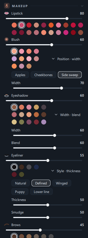 The Makeup panel with Rose lipstick and Peach blush selected and the blush, eyeshadow and eyeliner options expanded