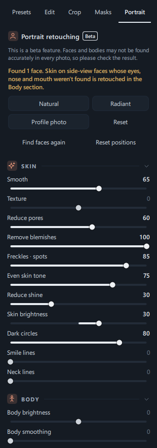 The whole Portrait tab after one face was found and Natural was clicked