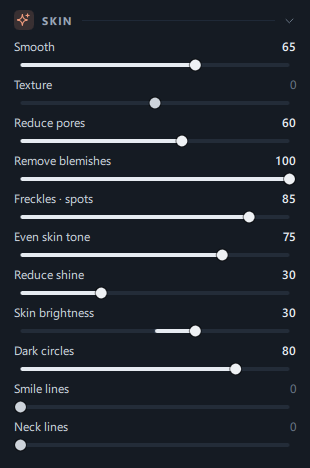 The 11 sliders of the Skin panel after clicking Natural