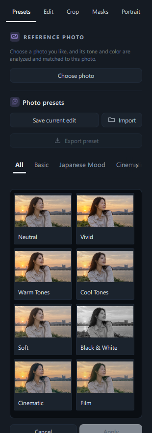Preset thumbnails on the All tab, each previewing that preset on the current photo