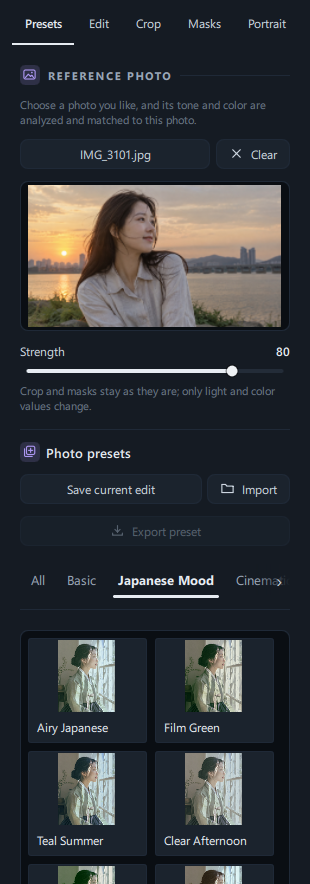The whole Presets tab with the reference photo thumbnail and Strength visible and the Japanese Mood tab selected