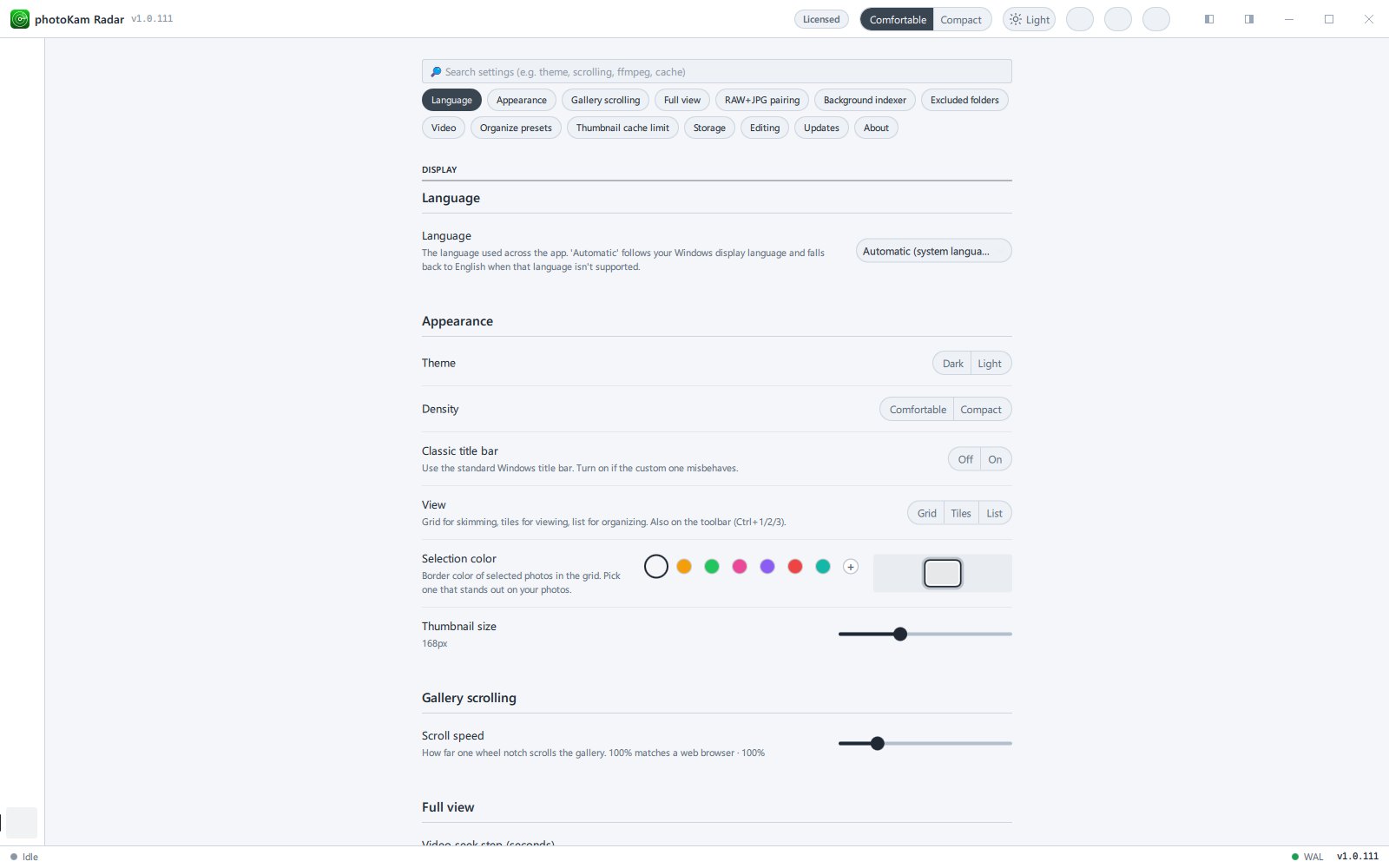 The Settings screen switched to the light theme (same area)