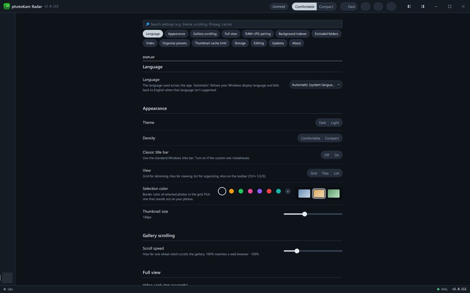 The top of the Settings screen with the search box, the shortcut buttons and the Language and Appearance sections of the Display group