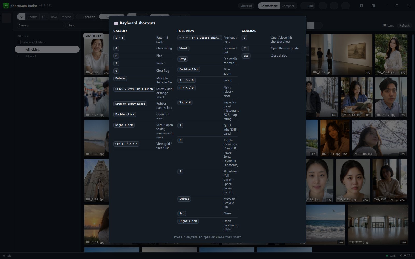 The shortcut sheet opened with the ? key (Gallery · Full view · General)
