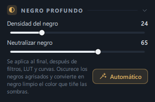 El panel Negro profundo de la pestaña Editar (densidad del negro · neutralizar negro · línea de descripción · botón Automático)