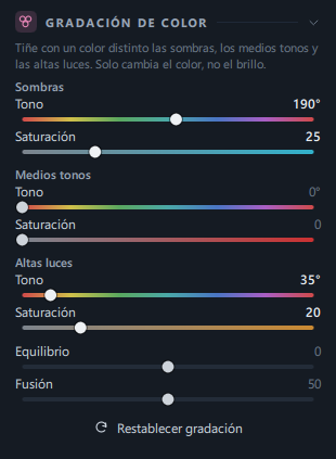 El panel Gradación de color (sombras 190° · 25, altas luces 35° · 20)