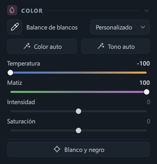 El panel Color de la pestaña Editar (cuentagotas · línea de balance de blancos · Color auto/Tono auto · cuatro controles · Blanco y negro)