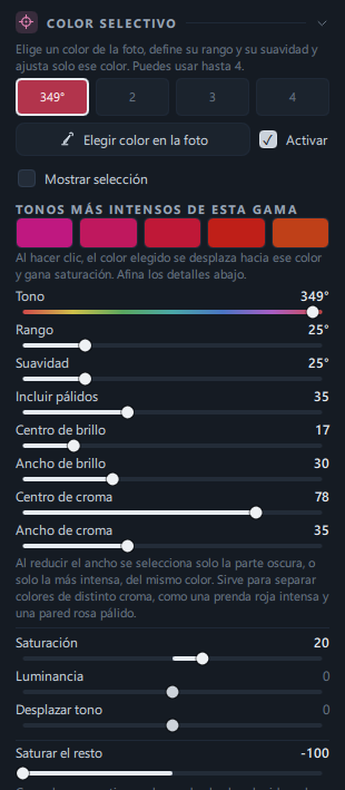 El panel Color selectivo (casilla 1 activada con el color del abrigo, Saturar el resto −100)