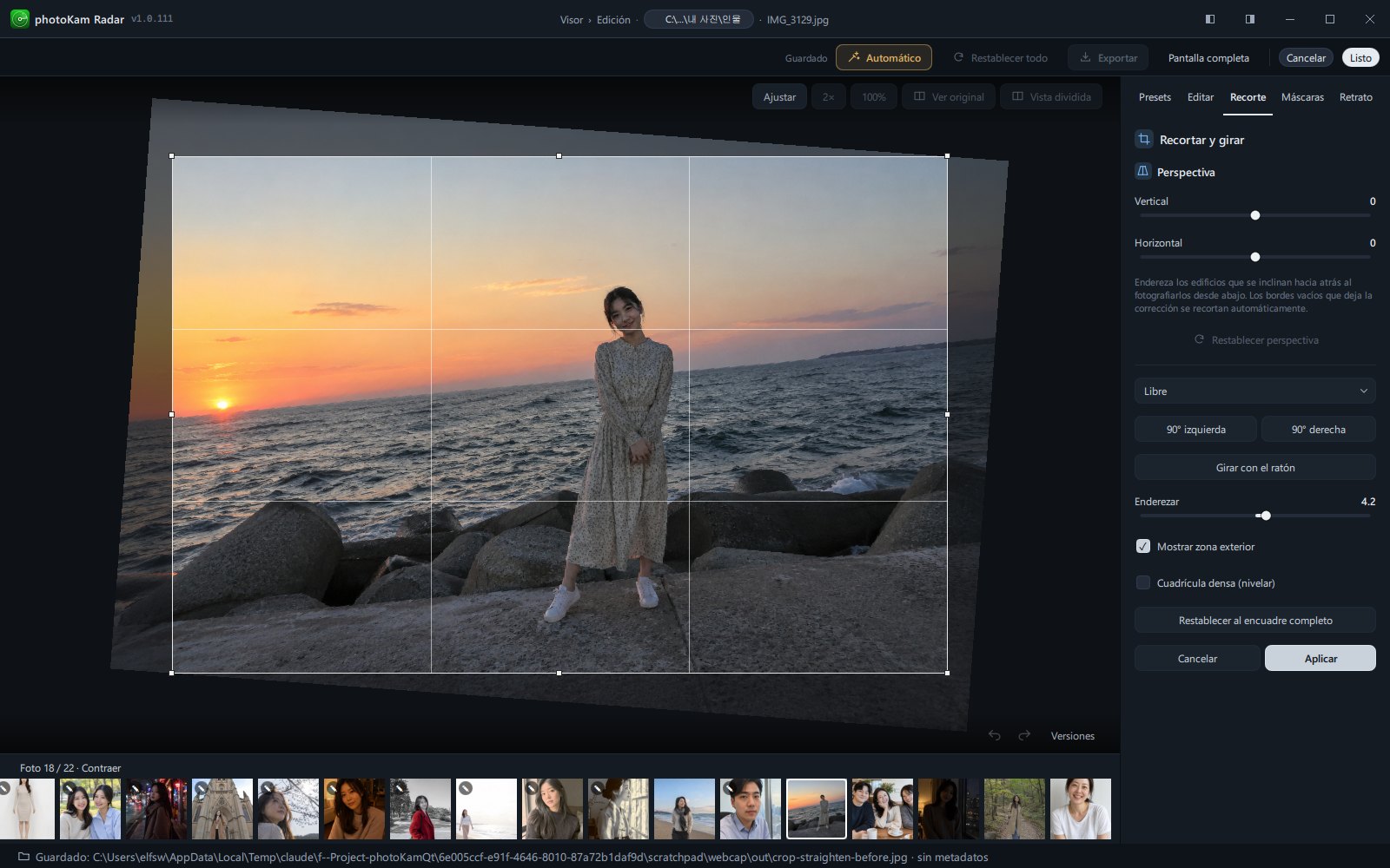 Pantalla con la cuadrícula densa activada mientras se nivela el horizonte con Enderezar