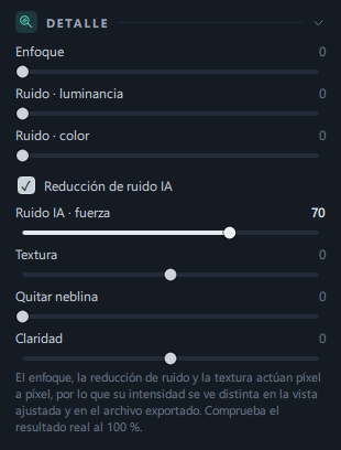 El panel Detalle completo (Enfoque · dos controles de reducción de ruido · casilla y fuerza de Reducción de ruido IA · Textura · Quitar neblina · Claridad · línea de aviso inferior)