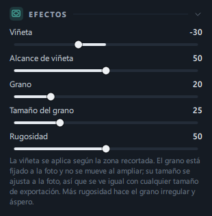 El panel Efectos (Viñeta · Alcance de viñeta · Grano · explicación)