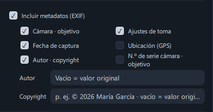 La zona de metadatos, con Ubicación (GPS) activada y el aviso visible