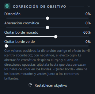 El panel Corrección de objetivo (Distorsión · Aberración cromática · Quitar borde morado · Quitar borde verde · explicación · Restablecer objetivo)